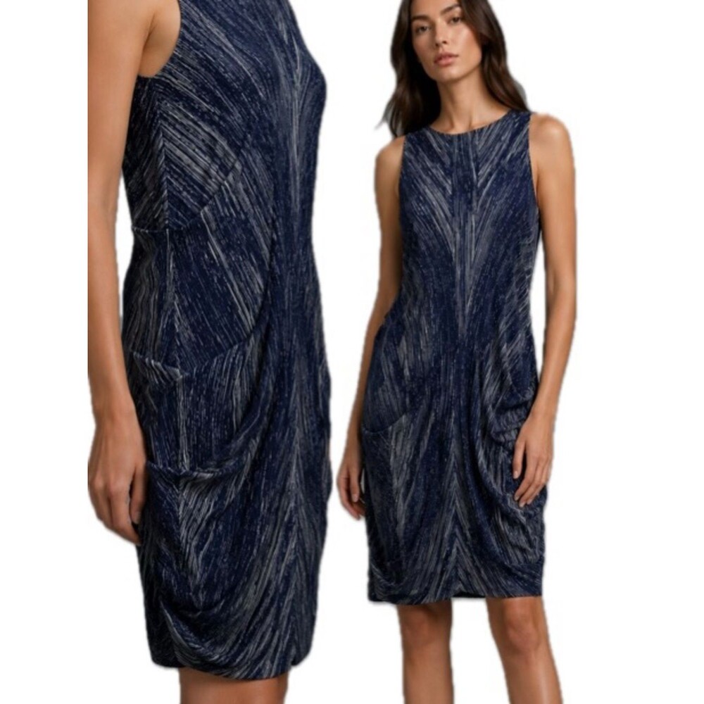Vivienne Tam Ruched Sleeveless Shift Dress Size Small Navy & White Artsy Striped